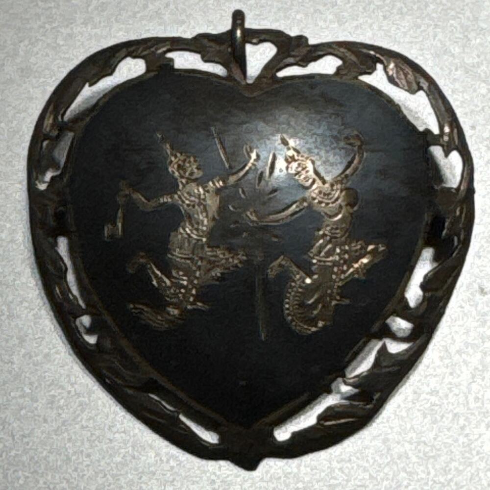 Siam Niello Sterling Silver Heart Shaped Filigree Two Dancers Brooch Pendant